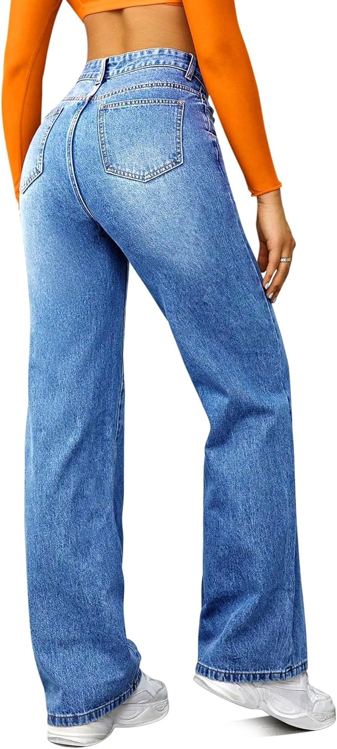 Straight Leg Jeans for Women,High Waisted Wide Leg Loose Microelastic Boyfried Denim Pants - Image 3
