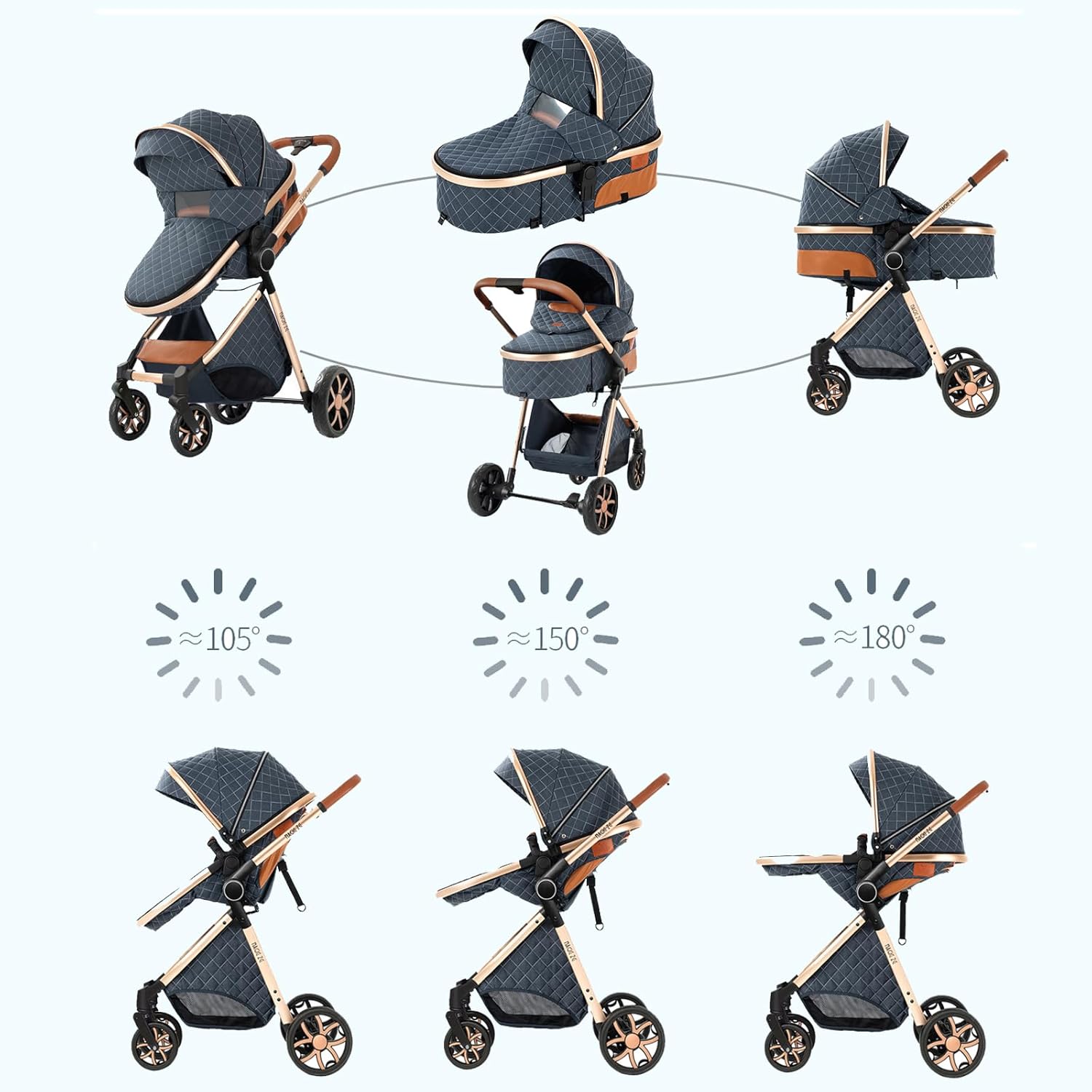 2 in 1 Baby Bassinet Stroller, Convertible Foldable Standard Stroller, Reversible Pushchair Infant Buggy Carriage, Portable High Landscape Pram for Toddler Newborn, Aluminum Alloy (2USV9-WHITE) - Image 5