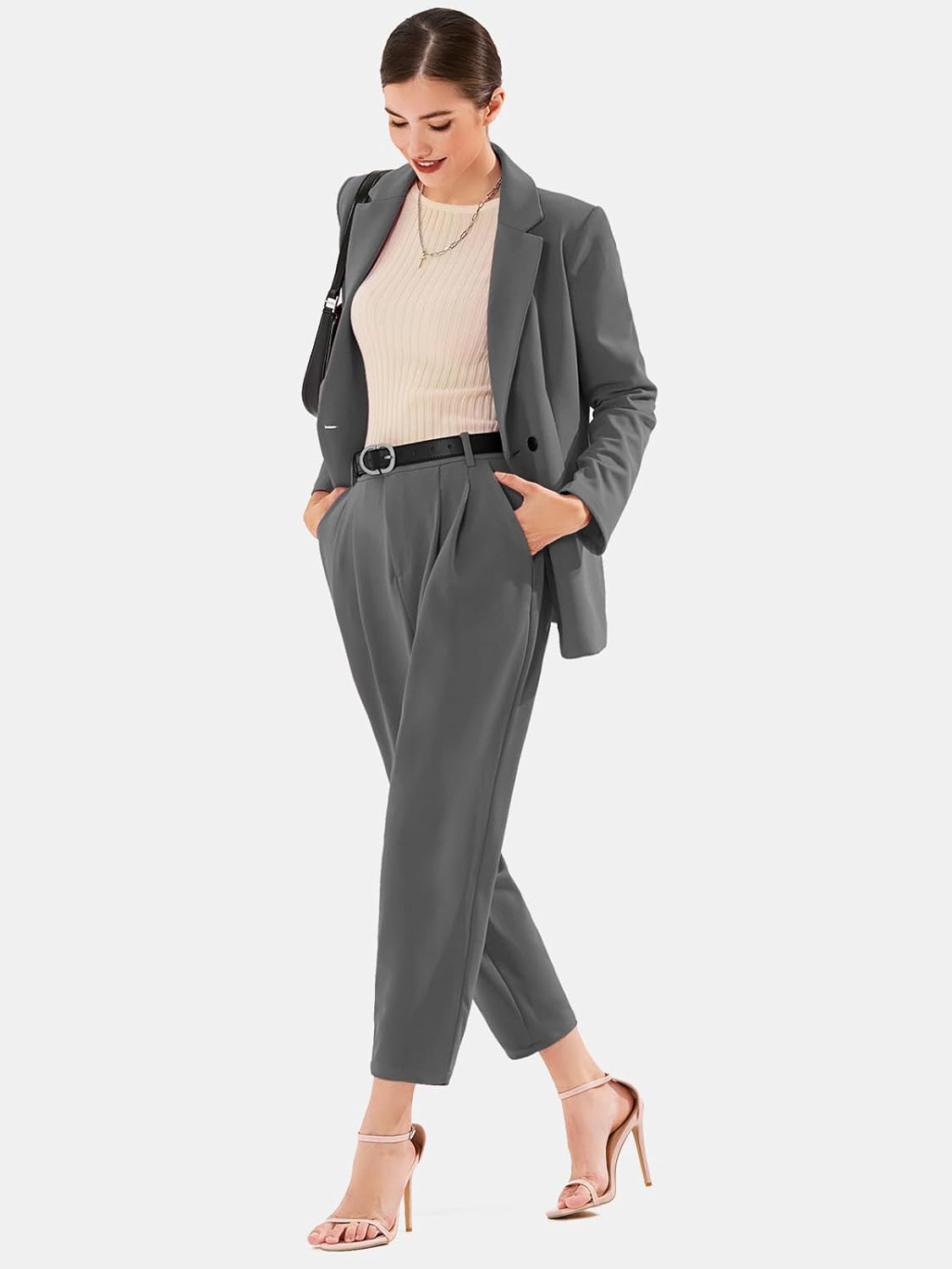 EXLURA Women's Business Blazer and High Elastic Waist Pant Suit Set Loose Fit Casual Fall Winter 2 Piece Suits for Work - Image 3
