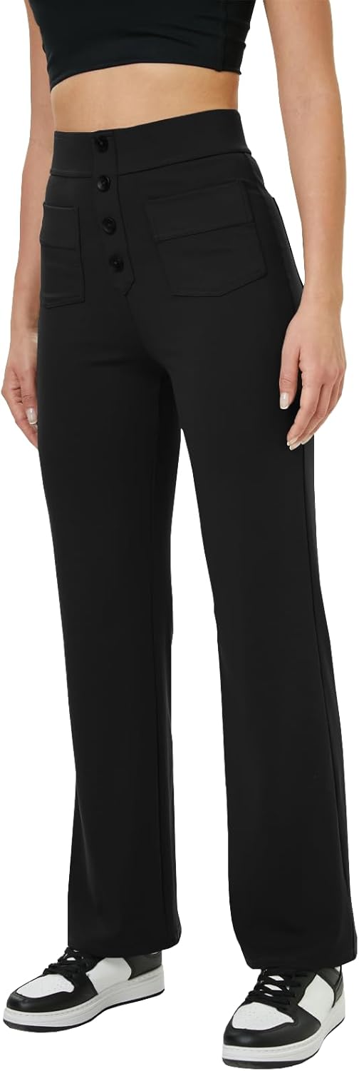 keriffe Women's Straight Leg Pants High Waisted Button Stretchy Business Work Casual Trousers Multiple Pockets - Image 3