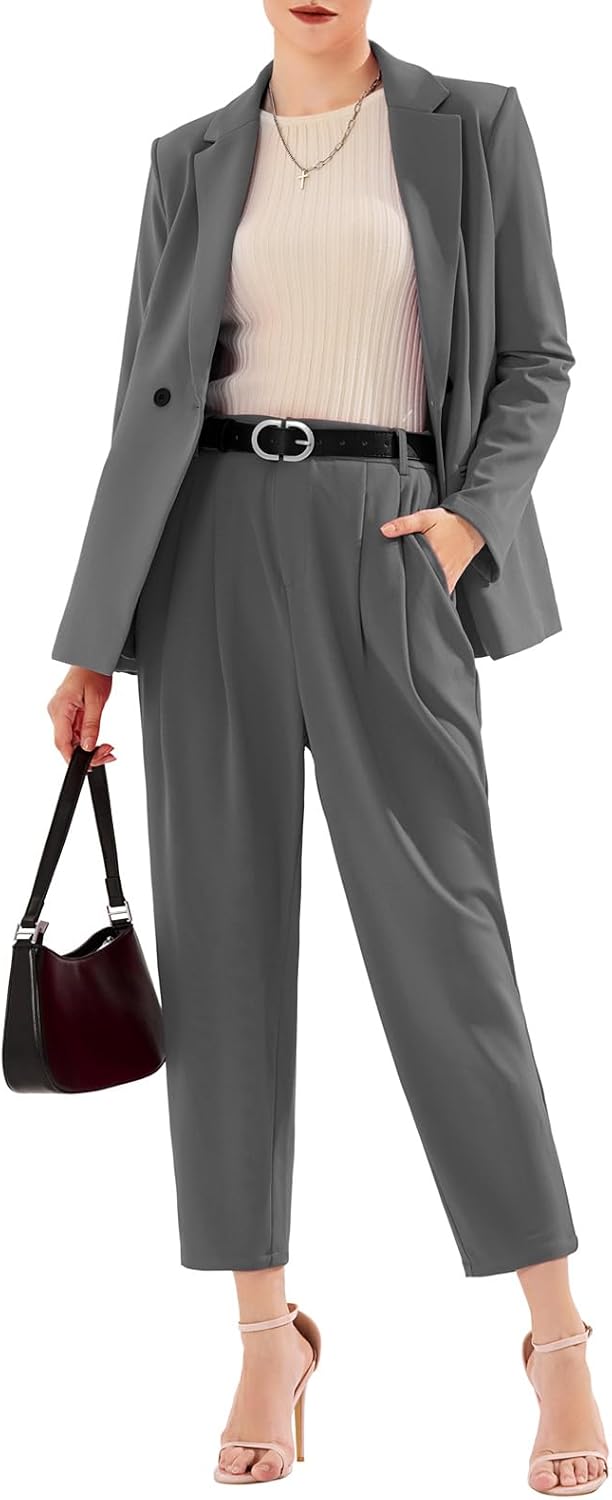 EXLURA Women's Business Blazer and High Elastic Waist Pant Suit Set Loose Fit Casual Fall Winter 2 Piece Suits for Work - Image 2