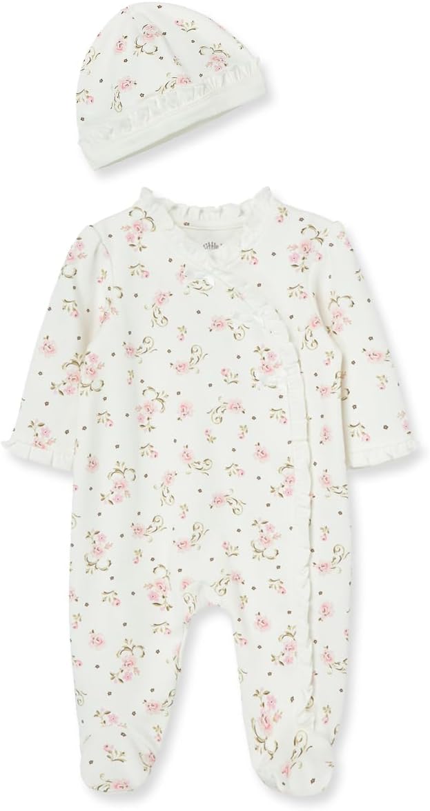 Little Me Clothes for Baby Girls 100% Cotton Scratch-Free Tag Footed One-Piece Romper and Hat Sleeper Set Preemie to 9 Months - Image 2