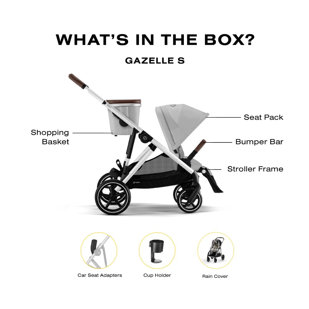 Cybex Gazelle S Stroller, Modular Double Stroller for Infant and Toddler, Includes Detachable Shopping Basket, Over 20+ Configurations, Folds Flat for Easy Storage, Lava Grey - Image 4