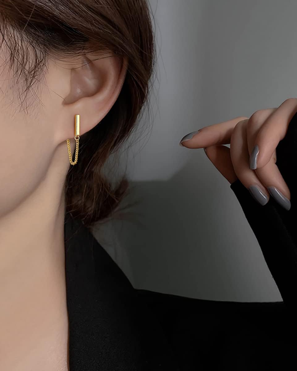 Reffeer Solid 925 Sterling Silver Stud Earrings Minimalist Bar Earrings with Chain Dangle Earrings For Women - Image 3