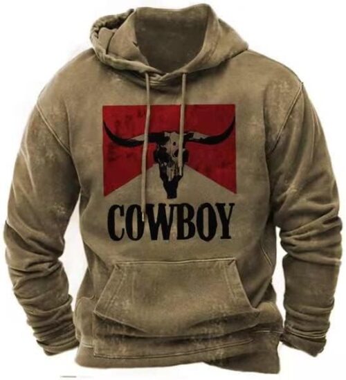 PORCLAY Cowboy Hoodie for Men Western Aztec Hooded Sweatshirt Country Graphic Print Oversized Pullover Shirts with Pocket