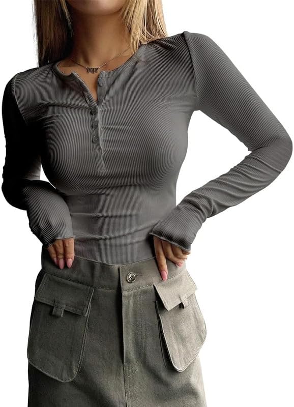 ZOCAVIA Womens Henley Shirts Button Down V Neck Long Sleeve Top Fashion Causal Slim Fit Ribbed Knit Solid T Shirt Y2K Blouses - Image 2