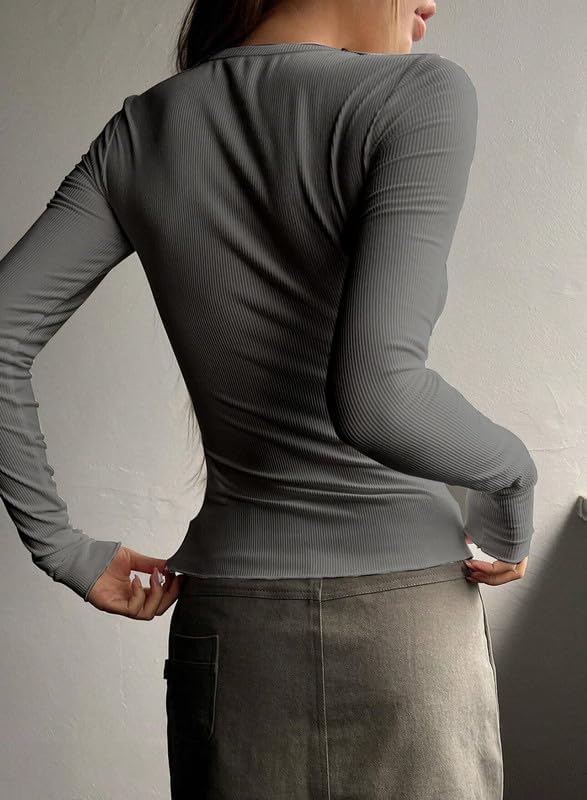 ZOCAVIA Womens Henley Shirts Button Down V Neck Long Sleeve Top Fashion Causal Slim Fit Ribbed Knit Solid T Shirt Y2K Blouses - Image 6