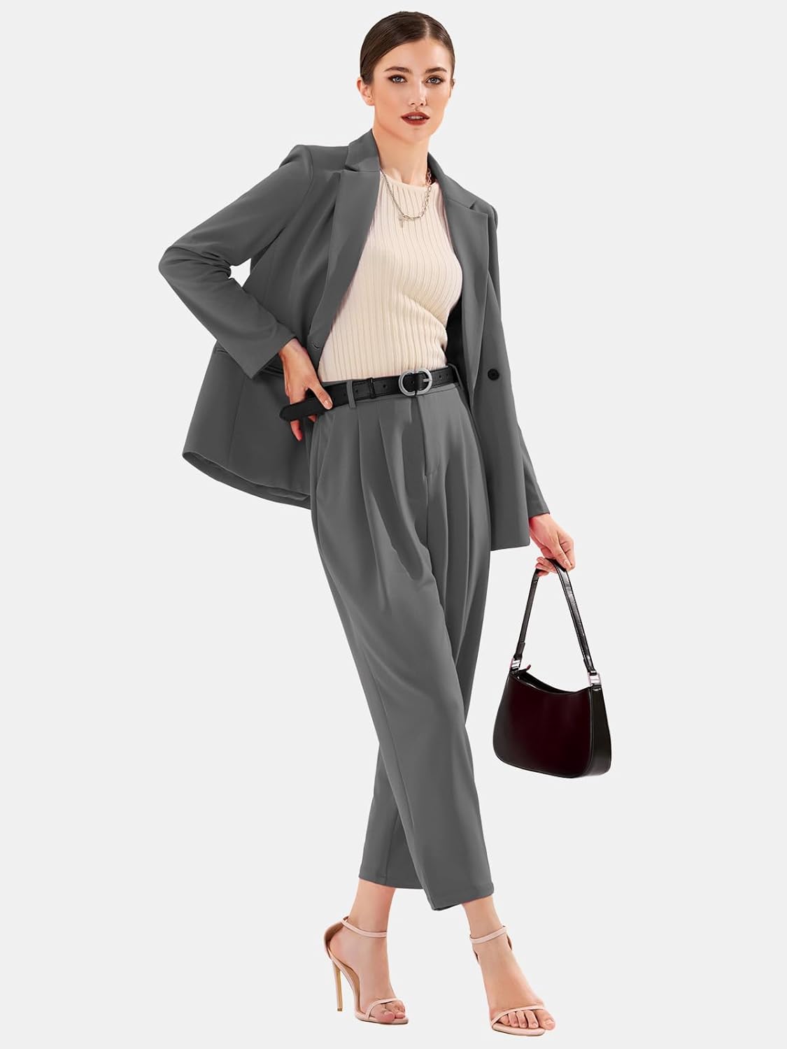 EXLURA Women's Business Blazer and High Elastic Waist Pant Suit Set Loose Fit Casual Fall Winter 2 Piece Suits for Work - Image 4