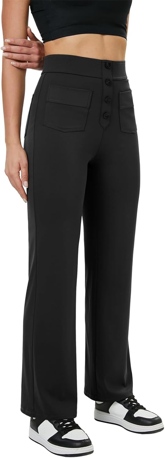 keriffe Women's Straight Leg Pants High Waisted Button Stretchy Business Work Casual Trousers Multiple Pockets - Image 4