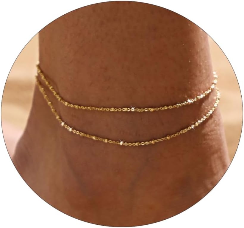 ASCOMY Ankle Bracelets for Women 14K Gold Plated Anklet for Women Silver Layered Shining Tennis Anklet Dainty Beaded Bar Dot Pearl Satellite Link Chain Anklets Summer Beach Foot Chain Jewelry Gifts - Image 2