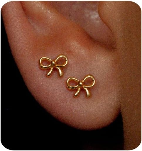Gold Earrings for Women 14K Gold Stud Earring Dainty Minimalist Simple Small Bow Earrings Jewelry Gift for Her - Image 2