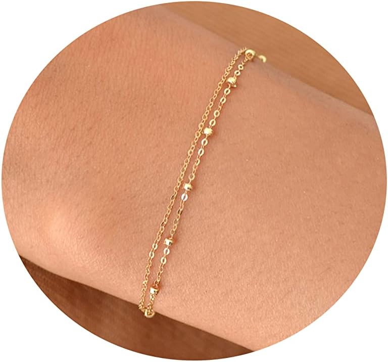 Tasiso Dainty Gold Bracelets for Women Cute Tiny Sideways Cross Bracelets Layered Pearls Herringbone Chain Toggle Clasp Bracelet Minimalist Handmade Jewelry Gift - Image 2