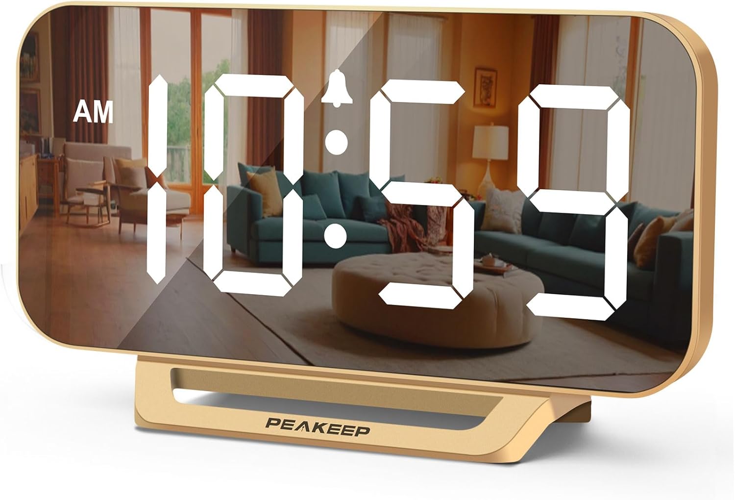Peakeep Slim Digital Mirror Clock, Aesthetic Alarm Clock for Desk - Plug in Electric Clock Big LED Modern Decorative Small Table Clock for Office Living Room, Battery Backup, 6 Dimmers (Gold) - Image 2