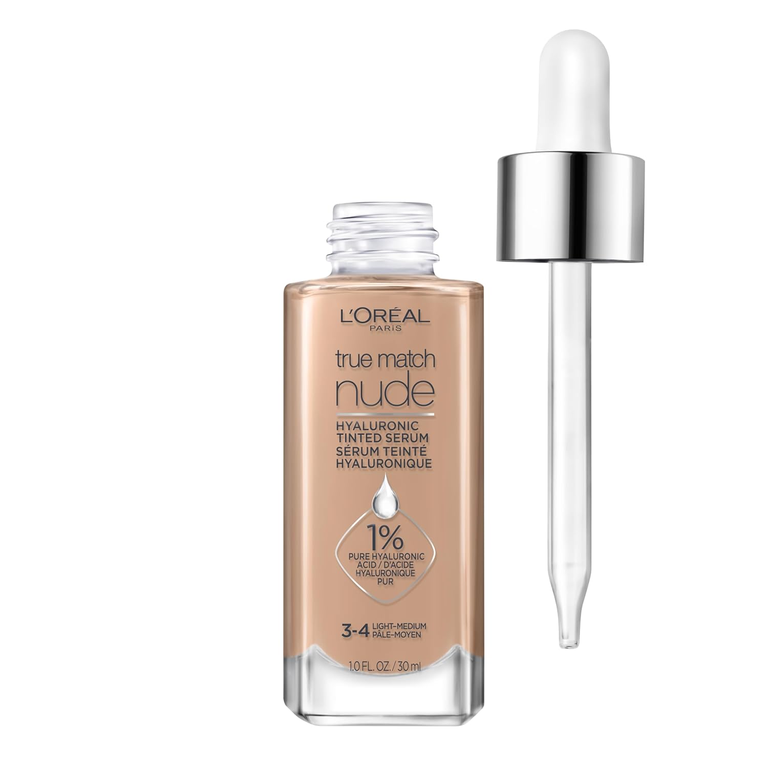 L'Oreal Paris True Match Nude Hyaluronic Tinted Serum Foundation with 1% Hyaluronic acid, Light-Medium 3-4, 1 fl. oz. - Image 2