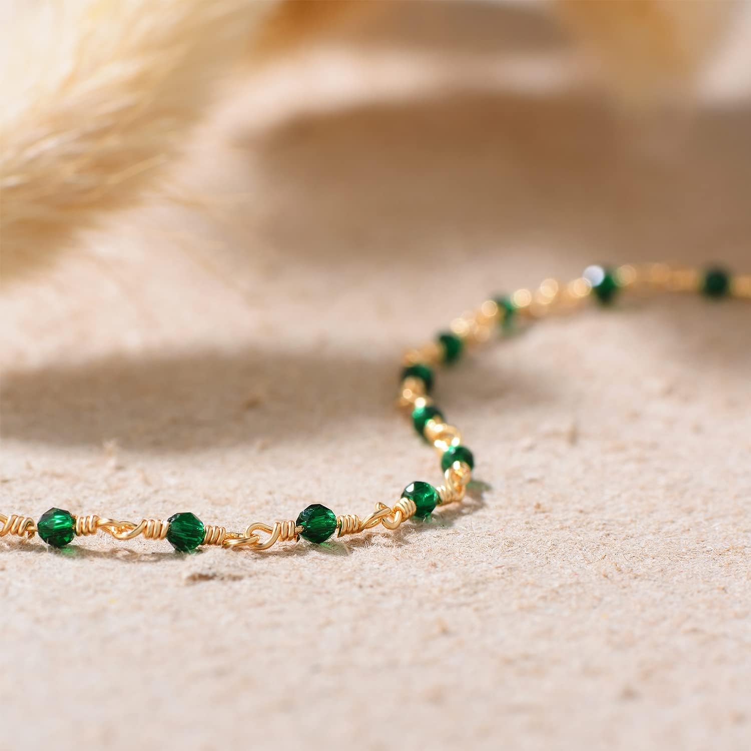 MEVECCO Dainty Gold Beads Bracelets,18K Gold Plated Handmade Cute Emerald Zircon Bead Chain Minimalist Bracelet for Women Jewelry Gifts - Image 8