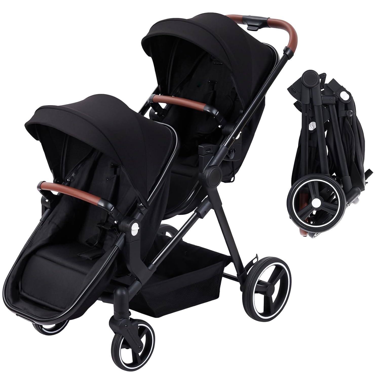 Double Stroller for Infants and Toddlers, Foldable Tandem Stroller, Reversible Pushchair Bassinet Pram with Large Storage Basket, Adjustable Backrest & Canopy, Black - Image 2