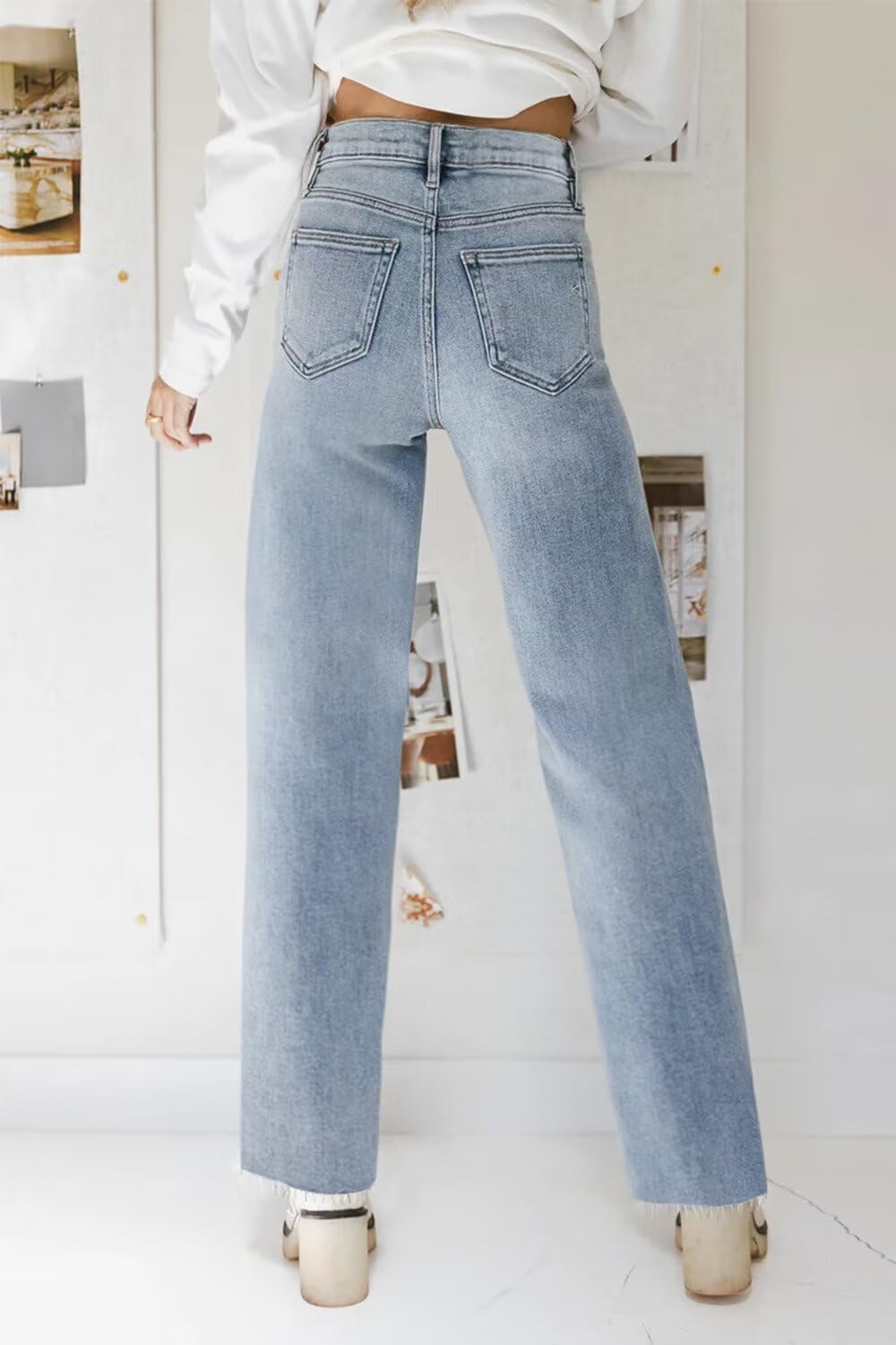 KDF Straight Leg Jeans for Women High Waisted Jeans Frayed Baggy Pants Raw Hem Loose Stretchy Cropped Wide Leg Jeans - Image 4