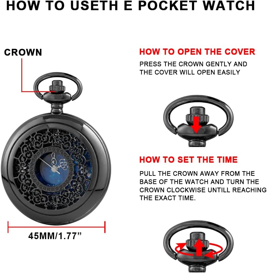 Tiong Pocket Watch Hollow Blue Star Design Roman Numerals Quartz with Chain Christmas Birthday Gifts - Image 8