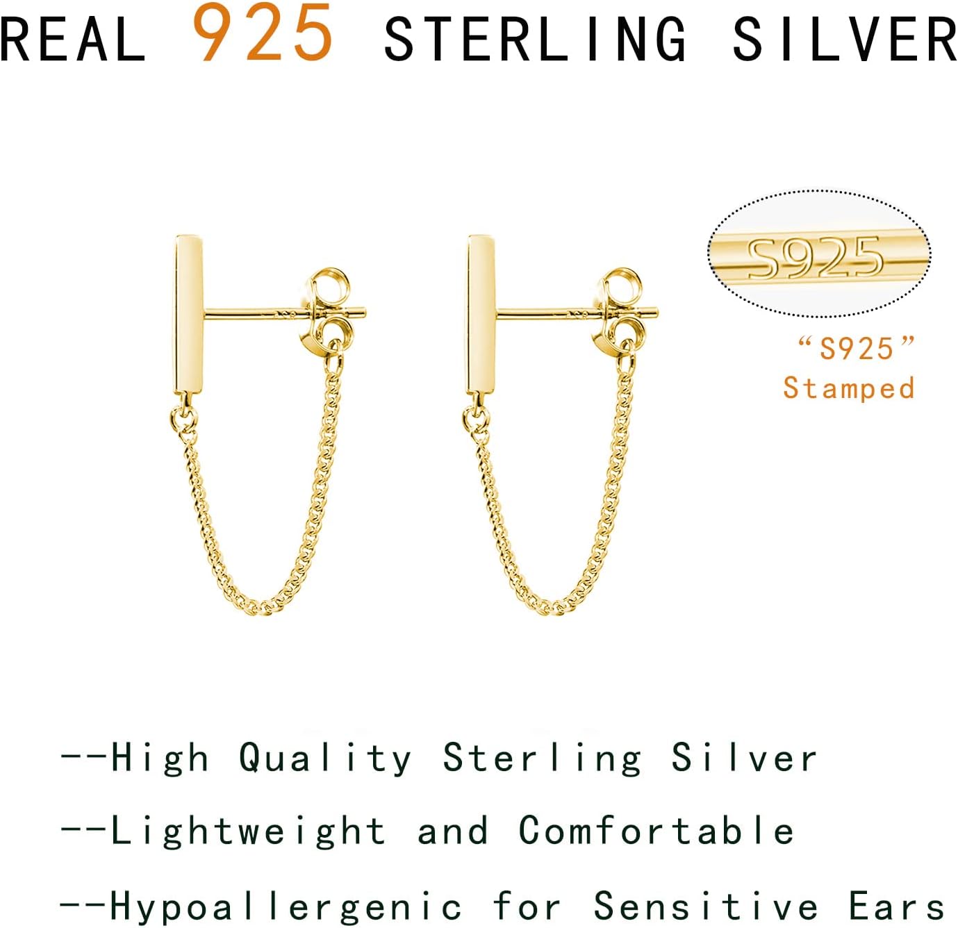 Reffeer Solid 925 Sterling Silver Stud Earrings Minimalist Bar Earrings with Chain Dangle Earrings For Women - Image 7
