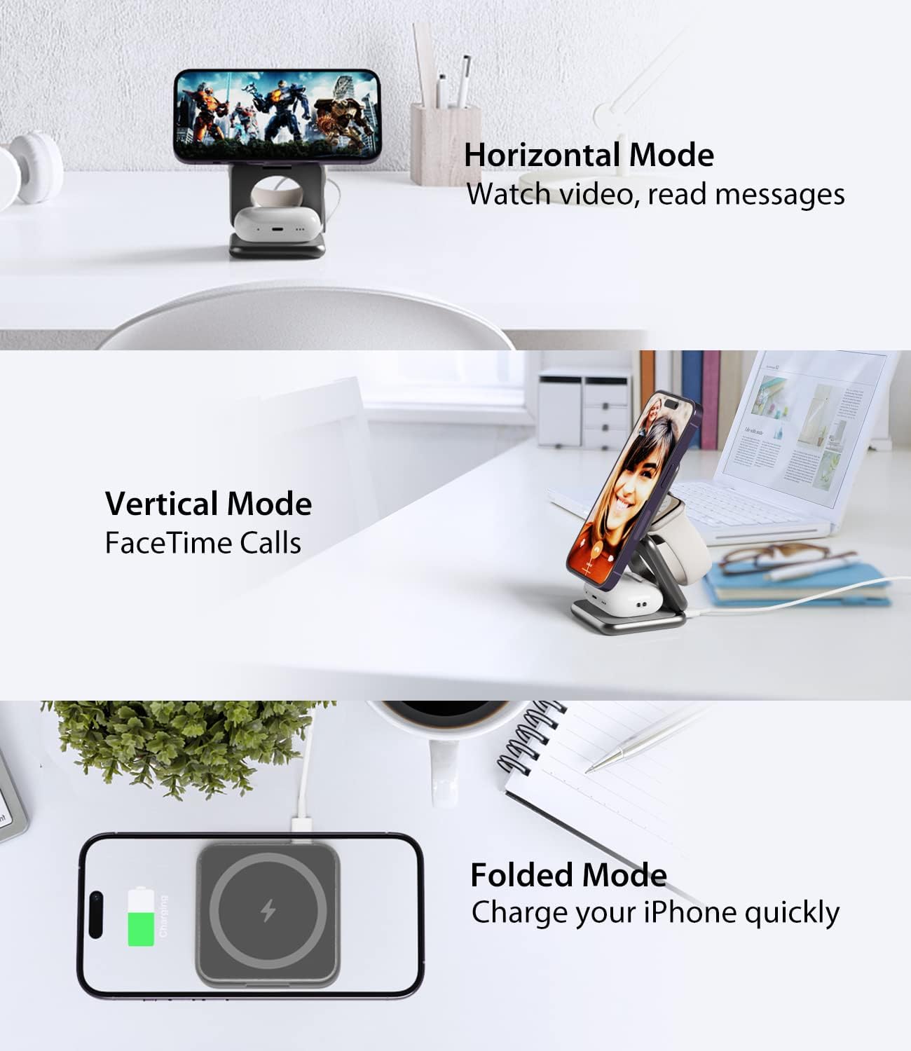Foldable Magnetic Wireless Charger, KU XIU X40 Aluminum Alloy 3 in 1 Charging Station for Apple, Fast Mag-Safe Charger Stand for iPhone 16 15 14 13 12 Series, 5W for iWatch, AirPods 3/2/Pro, Gray - Image 2