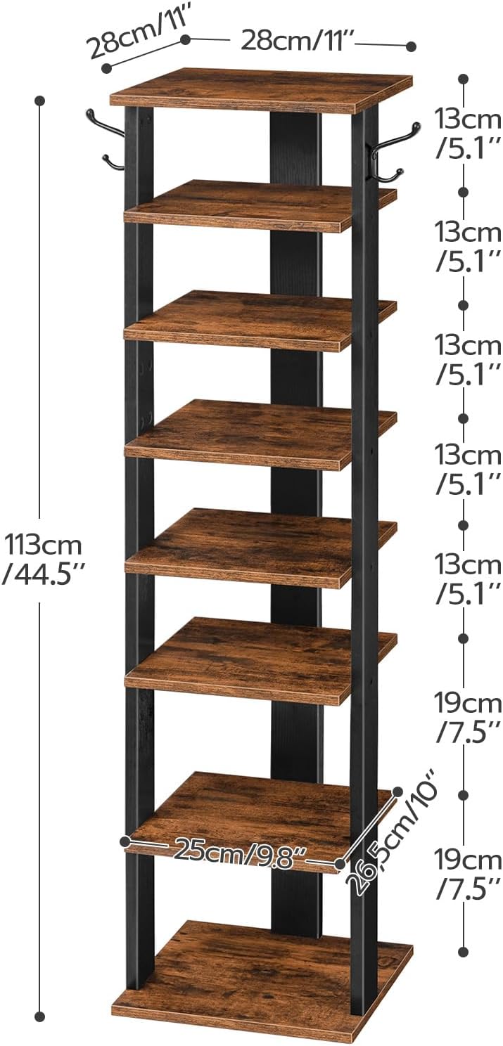 HOOBRO 8 Tiers Vertical Shoe Rack, Wooden Shoe Storage Organizer with Hooks, Narrow Shoe Tower for 8 Pairs, Space Saving, for Entryway, Living Room, Bedroom, Rustic Brown BF07XJ01G1 - Image 7