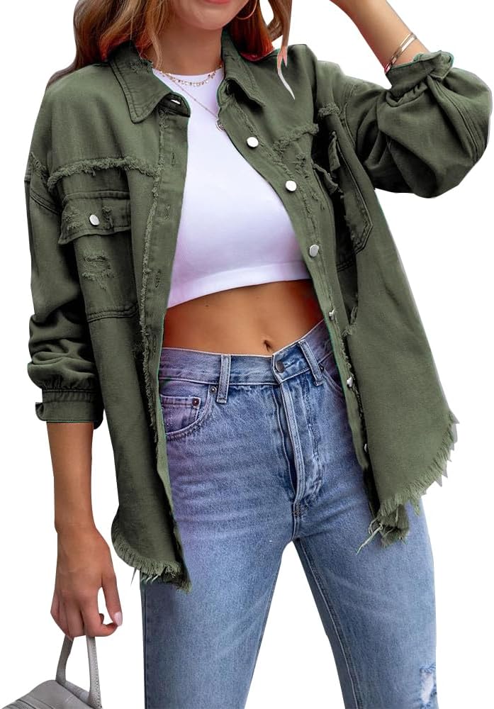 ZOCANIA Womens Ripped Denim Jacket Frayed Hem Distressed Jacket Button Front Boyfriend Jean Coat Western Shirt with Pockets - Image 2