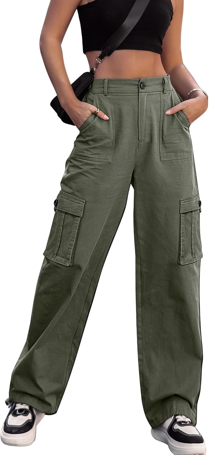 ZMPSIISA Women High Waisted Cargo Pants Wide Leg Casual Pants 6 Pockets Combat Military Trousers - Image 2