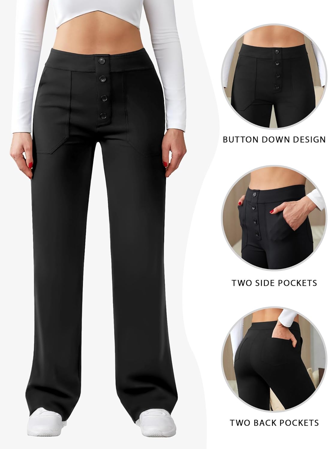 Womens Casual High Waist Straight Leg Pants Stretchy Button Business Dress Work Pocket Trousers - Image 6