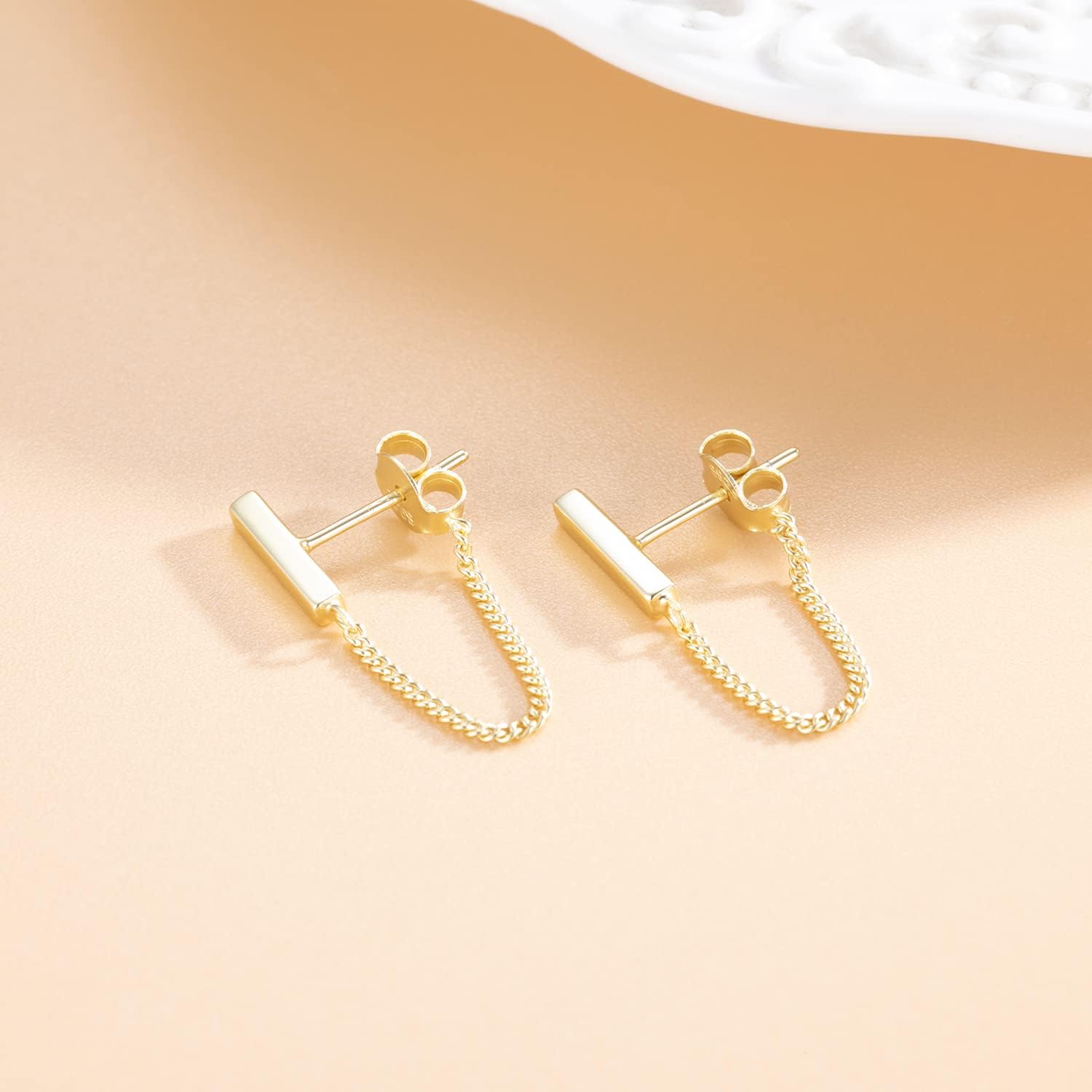 Reffeer Solid 925 Sterling Silver Stud Earrings Minimalist Bar Earrings with Chain Dangle Earrings For Women - Image 5