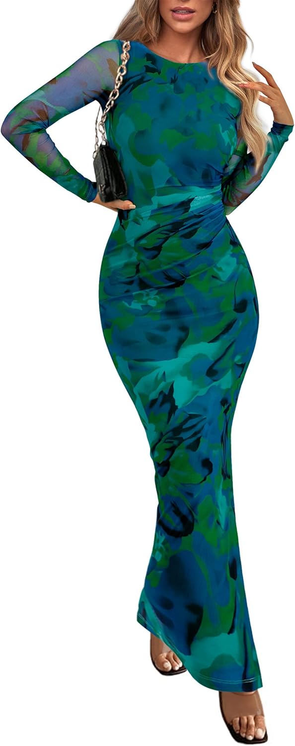 PRETTYGARDEN Women's Bodycon Maxi Dress Fall Spring Fashion Long Sleeve Floral Print Tight Fitted Party Club Ruched Dresses - Image 2