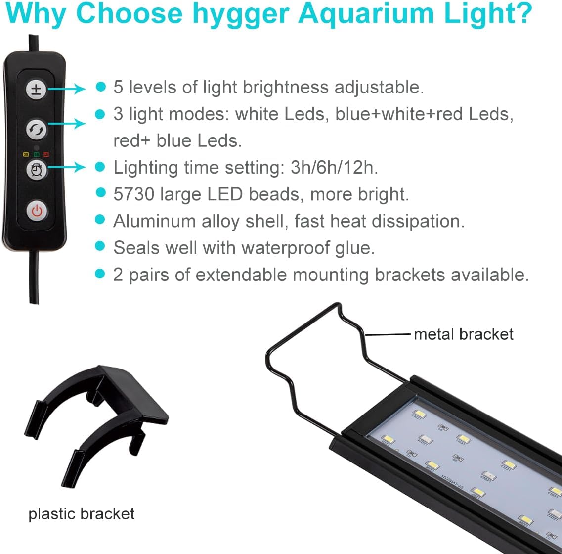 hygger 14W Full Spectrum Aquarium Light with Aluminum Alloy Shell Extendable Brackets, White Blue Red LEDs, External Controller, for Freshwater Fish Tank (18-24 inch) - Image 3