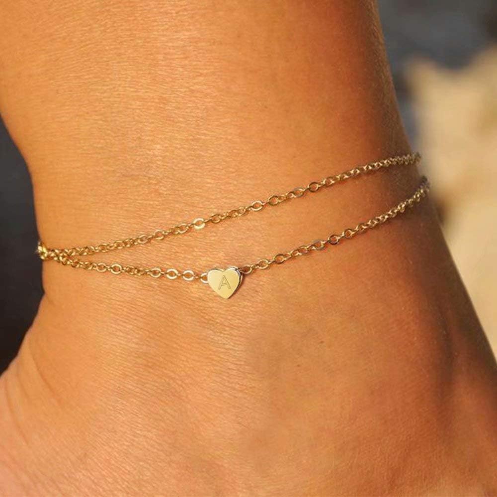 Turandoss Heart Initial Ankle Bracelets for Women, 14K Gold Filled Handmade Dainty Layered Anklet Letter Initial Heart Ankle Bracelets for Women Beach Jewelry Gifts - Image 5