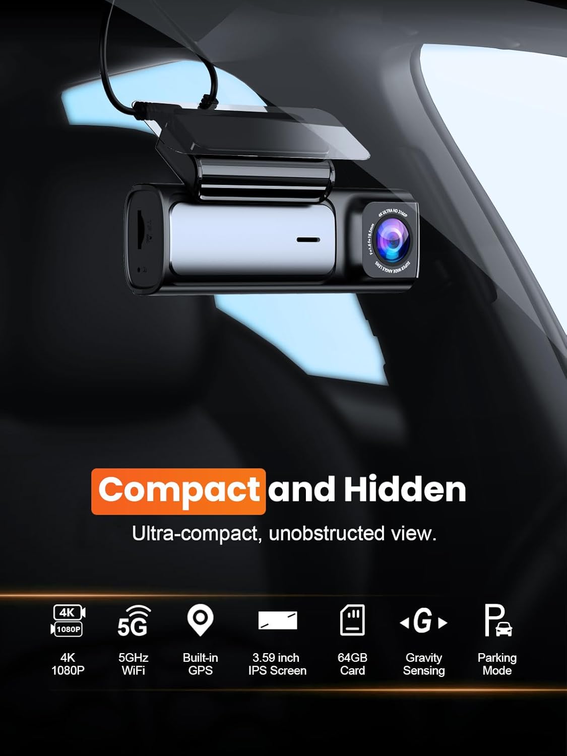 4K Dash Cam Front and Rear, Built-in 5G WiFi GPS, 64GB Card Included, 3.59'' IPS Screen Dash Camera for Cars, Dual Dashcam with G-Sensor, Loop Recording, WDR, Night Vision, 24H Parking Monitor - Image 3