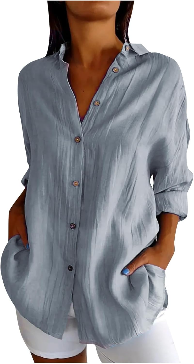 HOTYD 3/4 Sleeve Button Down Shirts for Women Dressy Casual V Neck Solid Shirts Loose Fit Spring Tops for Women - Image 2