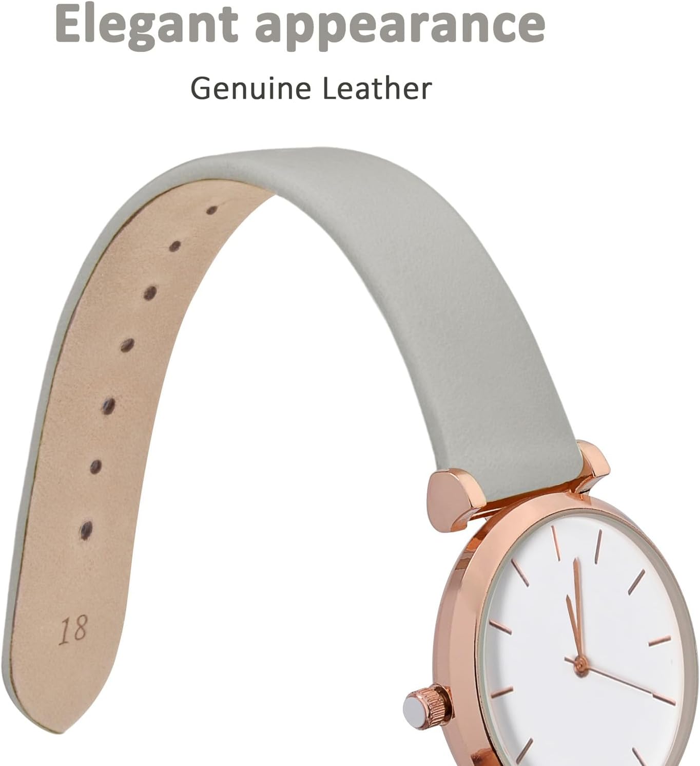 WOCCI 12mm Lug Width, Elegant Watch Band, Genuine Leather Replacement Strap with Rose Gold Buckle (Gray) - Image 4
