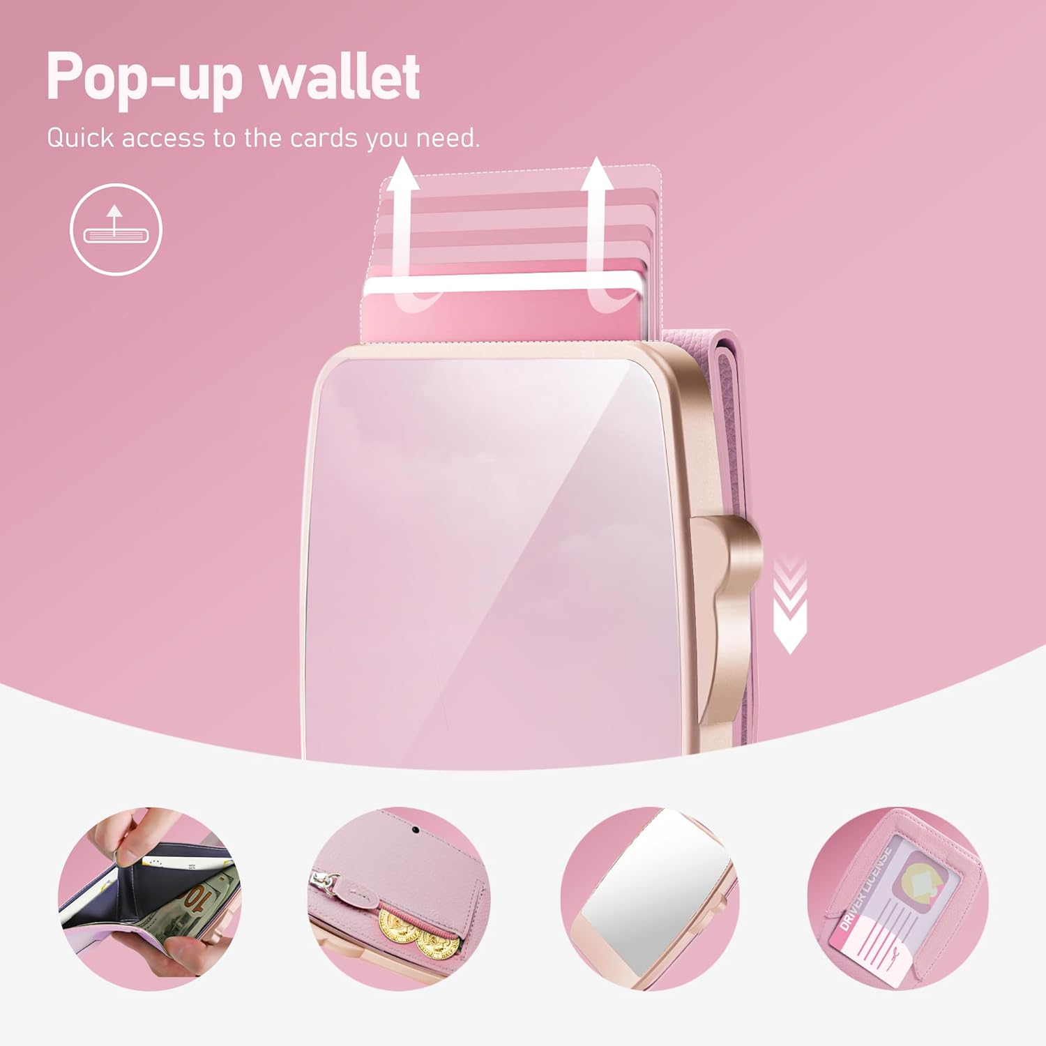 Wallet Women RFID Blocking Wallet with ID Windows, Pop-up Case, Cash Slot, Credit Card Minimalist Wallet with Mirror and Coin Pocket (Pink) - Image 4