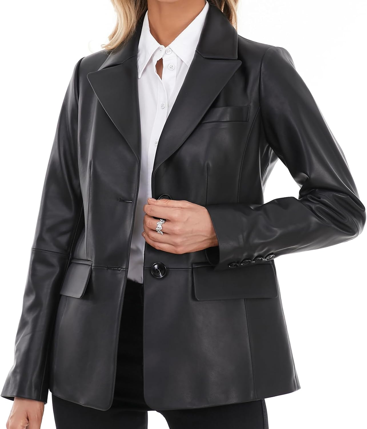 Lambskin Leather Jacket Women,Long Sleeve Button Front Leather Blazer,Notched Lapel Casual Style,Vent Detail - Image 4