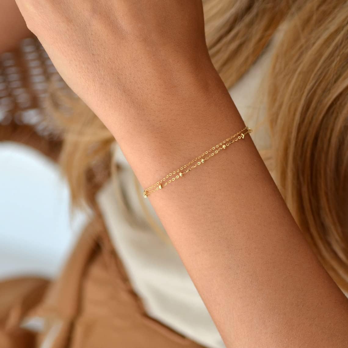 Tasiso Dainty Gold Bracelets for Women Cute Tiny Sideways Cross Bracelets Layered Pearls Herringbone Chain Toggle Clasp Bracelet Minimalist Handmade Jewelry Gift - Image 4