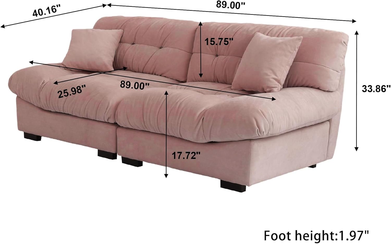 Cloud Modular Sectional Sofa,Scrub Velvet Minimalist Sofa Couch for Living Room, Curved Couch,Modern LoveSofa with 2 Pillows 3 Seater for Apartment Office Studio, Deep Seat Couches (Pink, 89inch) - Image 3