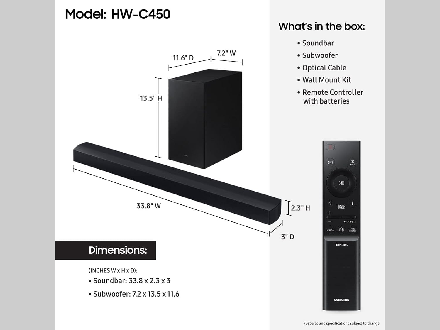 SAMSUNG HW-C450 2.1ch Soundbar w/DTS Virtual X, Subwoofer Included, Bass Boost, Adaptive Sound Lite, Game Mode, Bluetooth, Wireless Surround Sound Compatible - Image 3
