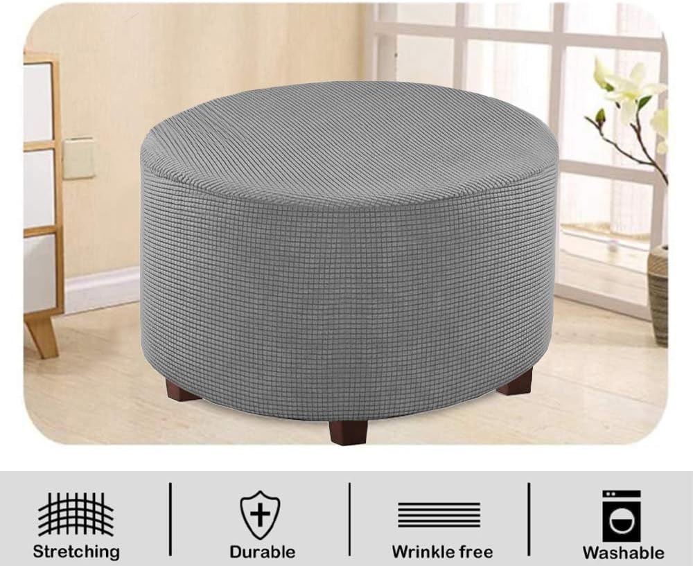 Round Ottoman Slipcover Polyester Blend Footstool Protector Covers Stretch with Elastic Bottom Feature Textured Machine Washable Jacquard Fabric (Gray, Medium Size) - Image 3