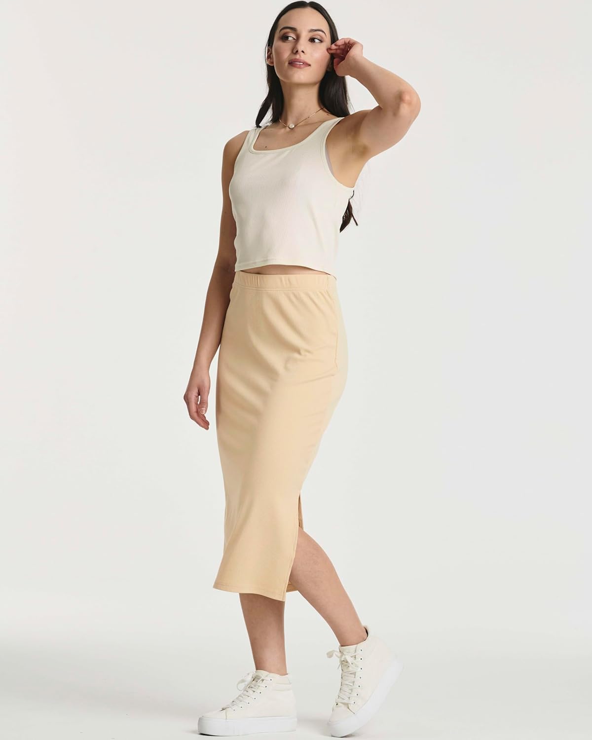 Real Essentials 3 Pack: Women's Midi Ribbed Knit Skirt with Side Slit - Stretchy Work Business Casual Pencil Pull-On Skirts - Image 7