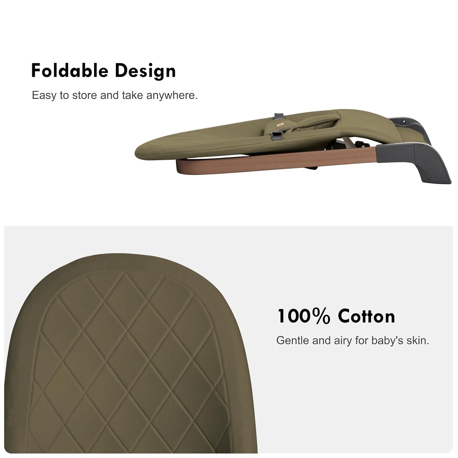 Foldable Baby Bouncer, Baby Bouncer Seat with 3 Adjustable Heights, Portable Newborn Rocker, Ergonomic Bouncer Seat for Natural Bounce, Bouncer for Babies 0-6 Months, Soft Cotton (Green) - Image 6