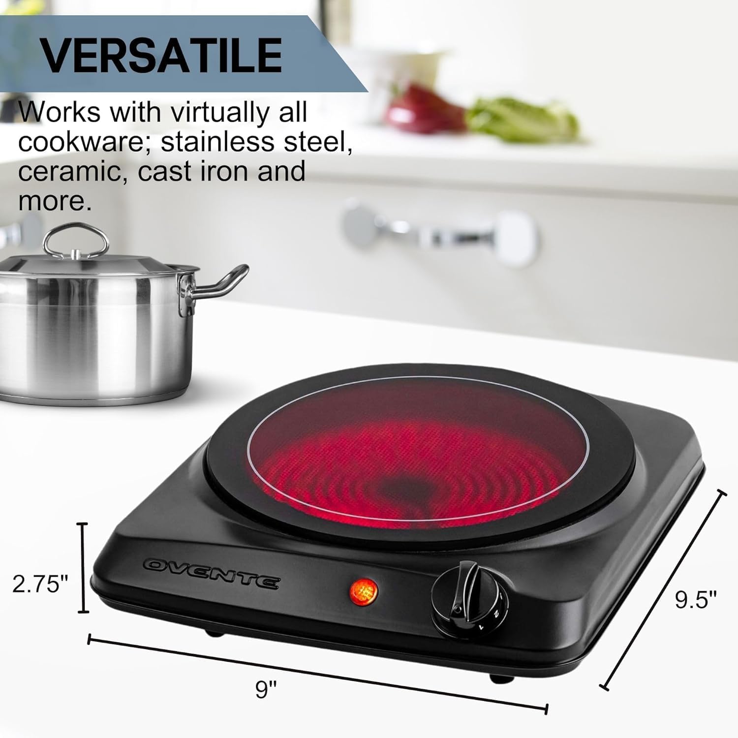 OVENTE Countertop Infrared Single Burner, 1000W Electric Hot Plate with 7” Ceramic Glass Cooktop, 5 Level Temperature Setting & Easy to Clean Base, Compact Stove for Home Dorm Office, Black BGI101B - Image 5