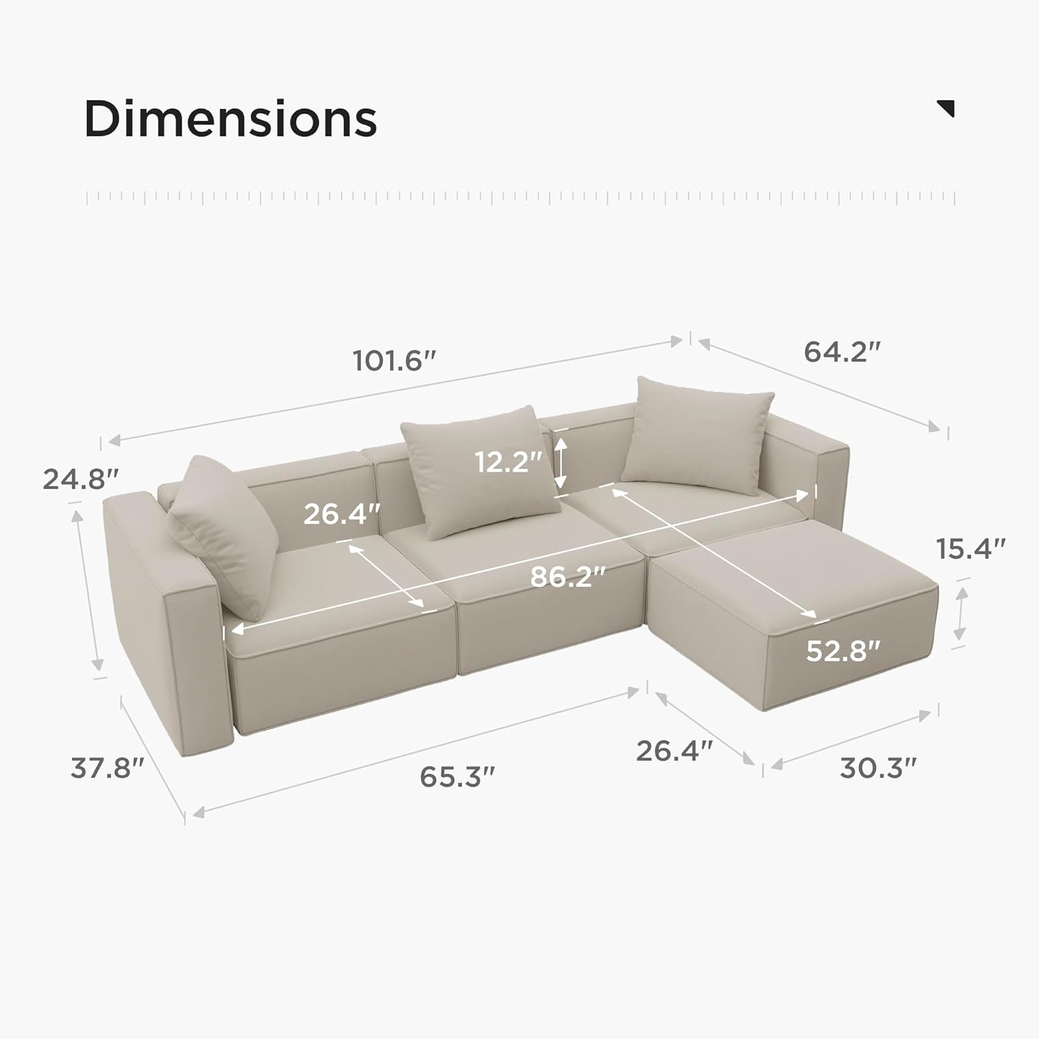 Acanva Luxury Modular Sectional Living Room Sofa Set, Modern Minimalist Style Couch with Ottoman and Chaise, L-Shape, Linen-Like Cream - Image 3