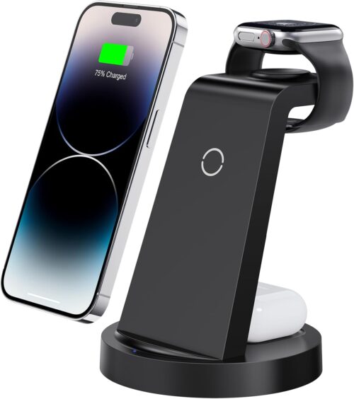 3 in 1 Charging Station for iPhone, Wireless Charger for iPhone 16e 16 15 14 13 12 11 X Pro Max & Apple Watch – Wireless Charging Station for AirPods 4 3 Pro