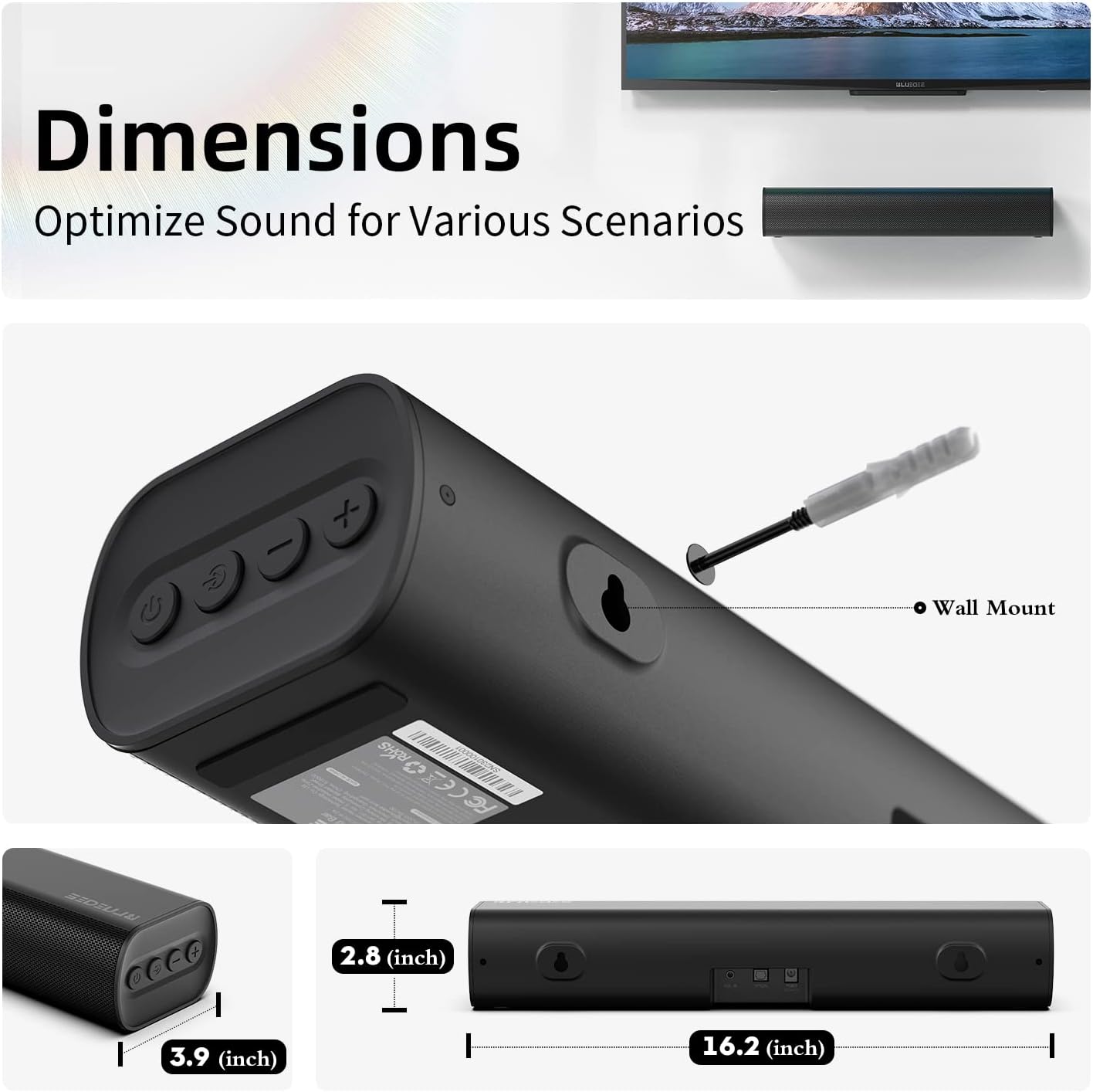 Sound Bars for TV 16-inch, Cinematic TV Bluetooth Sound Bar with Impactful Bass with Remote Control, Wall Mountable Sound Bar Work with Traditional or Smart TV, Computer - Image 7