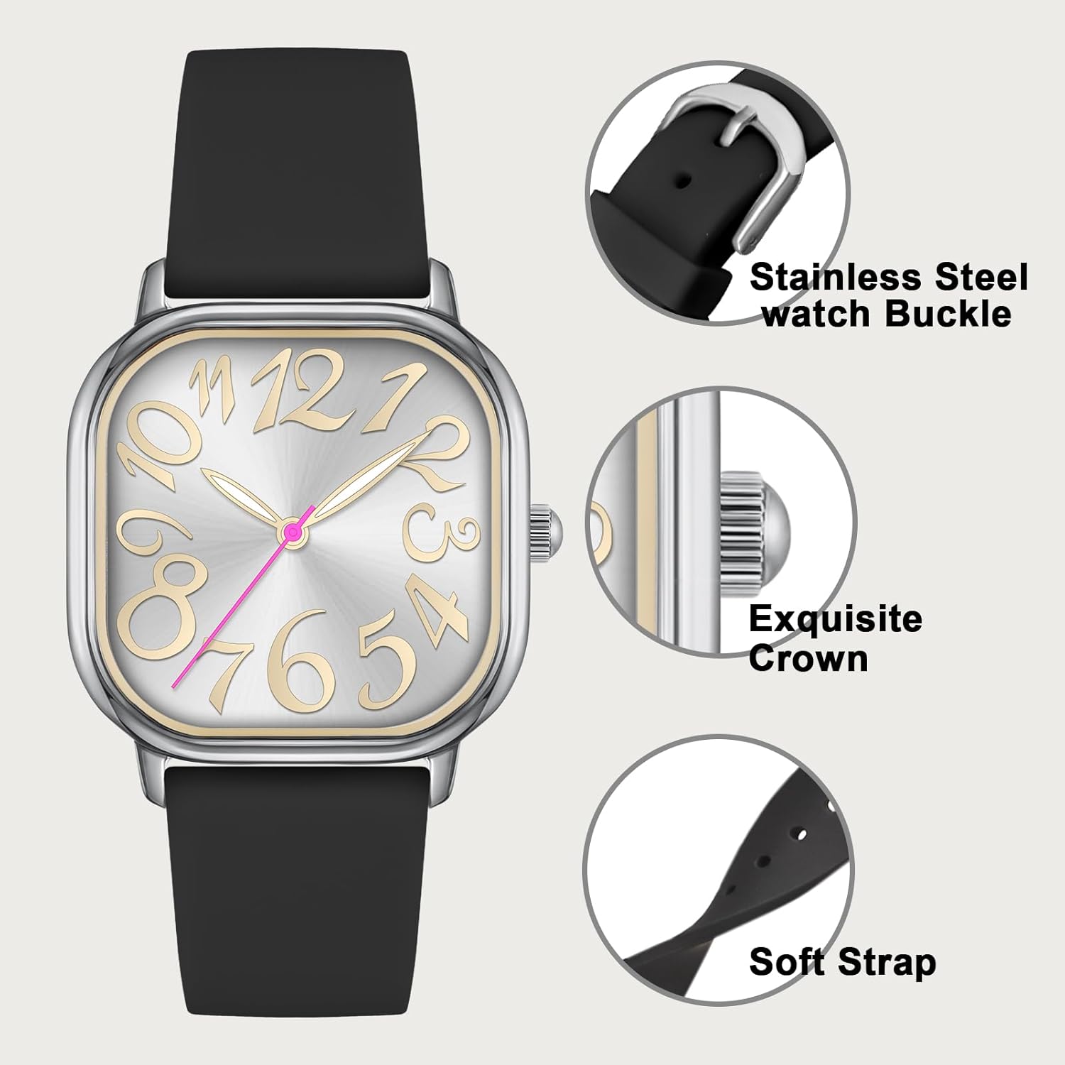 Women's Waterproof Watch, Stylish Silicone Strap for Women's Wrists 5IN-7IN, Large 32MM Easy-to-Read Colourful Arabic Numerals Dial - Image 3