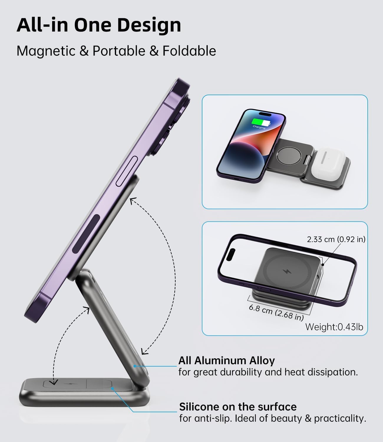 Foldable Magnetic Wireless Charger, KU XIU X40 Aluminum Alloy 3 in 1 Charging Station for Apple, Fast Mag-Safe Charger Stand for iPhone 16 15 14 13 12 Series, 5W for iWatch, AirPods 3/2/Pro, Gray - Image 7
