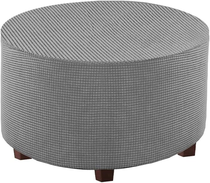 Round Ottoman Slipcover Polyester Blend Footstool Protector Covers Stretch with Elastic Bottom Feature Textured Machine Washable Jacquard Fabric (Gray, Medium Size) - Image 2